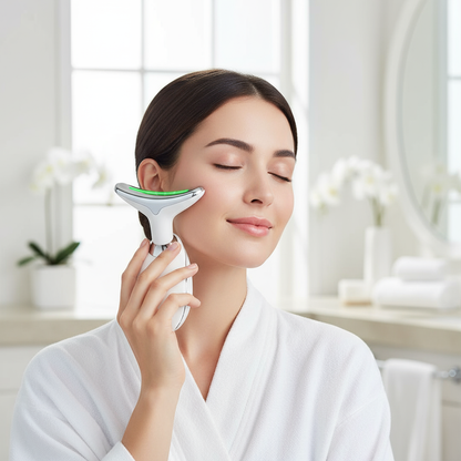 Mujer usando masajeador facial GlowFace